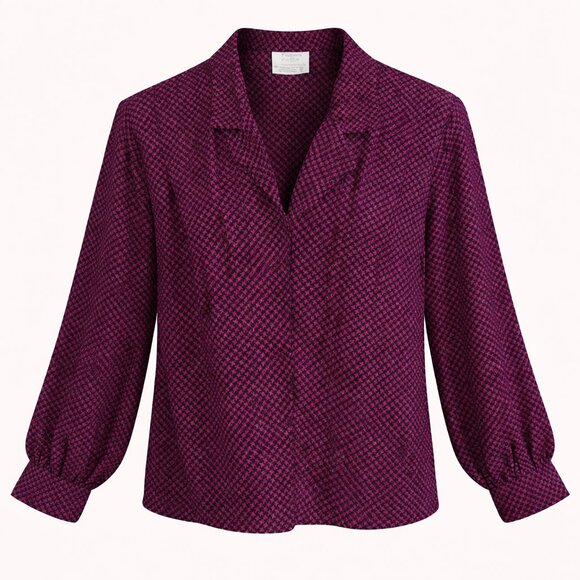 Francesca of Damon for Starington Tops - Vintage Silk Blouse Magenta Black Houndstooth Button Up 80s Retro Preppy Top 6